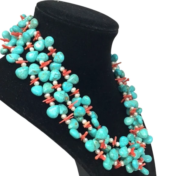 16" Turquoise, Coral & Pearl necklace on 925 Sterling Silver - Picture 3 of 8